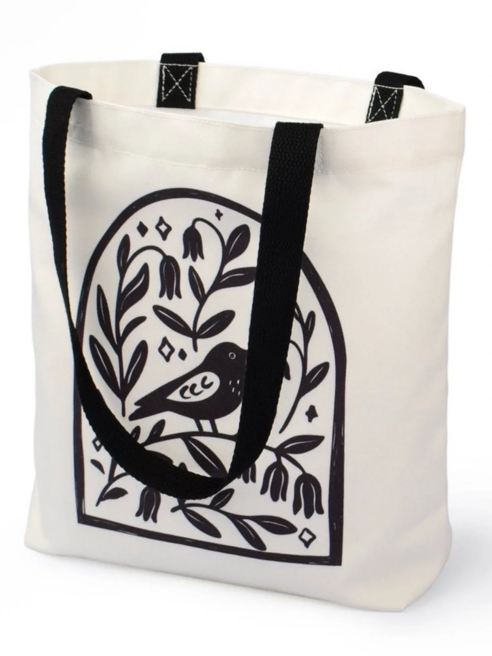 Canvas Tote Bag with Black Bird Print